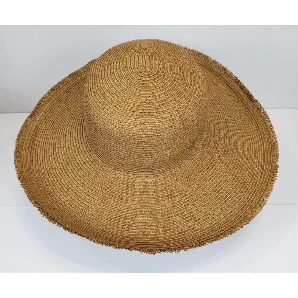 Bijoux‎ Terner Floppy Sun Hat Wide Brim Frayed Edge Tan Beach Vacation Wear